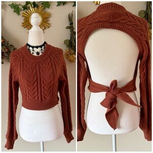 Rust Cabincore Cable Knit Cropped Sweater with Open Back and Tie Closure